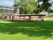 A park shelter with a large tree and the back of stadium grandstands behind it.